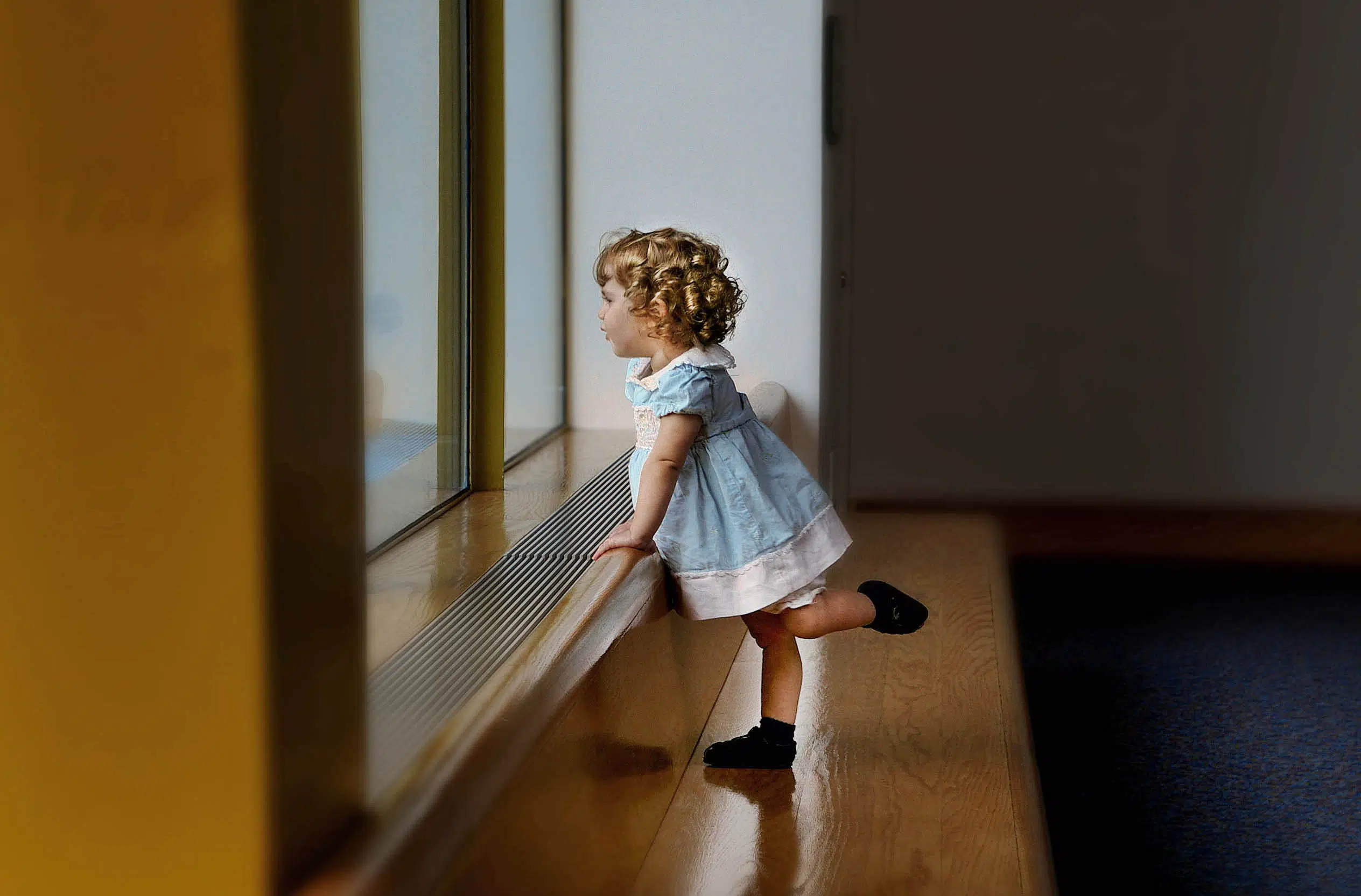 A young child in a dress looking out the window