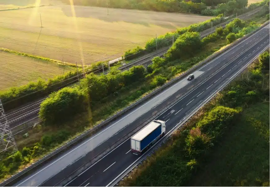 Aerial view of a commercial truck on the road